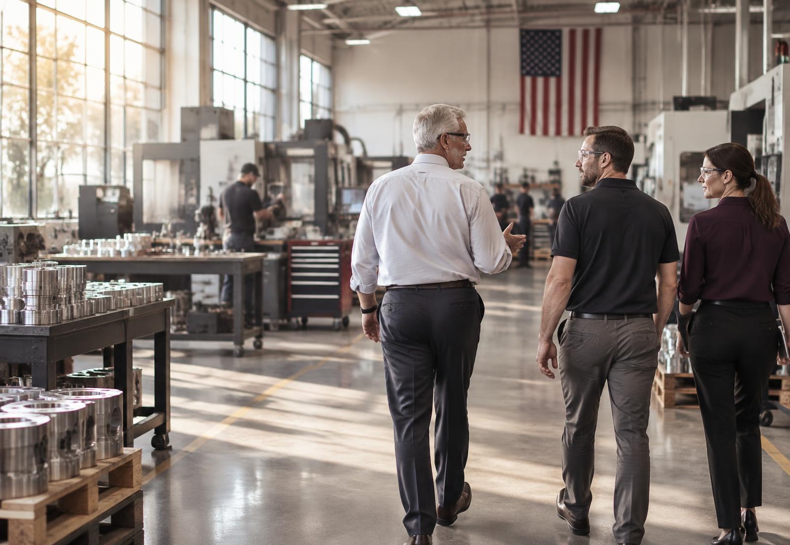 Leadership team walking a precision manufacturing floor